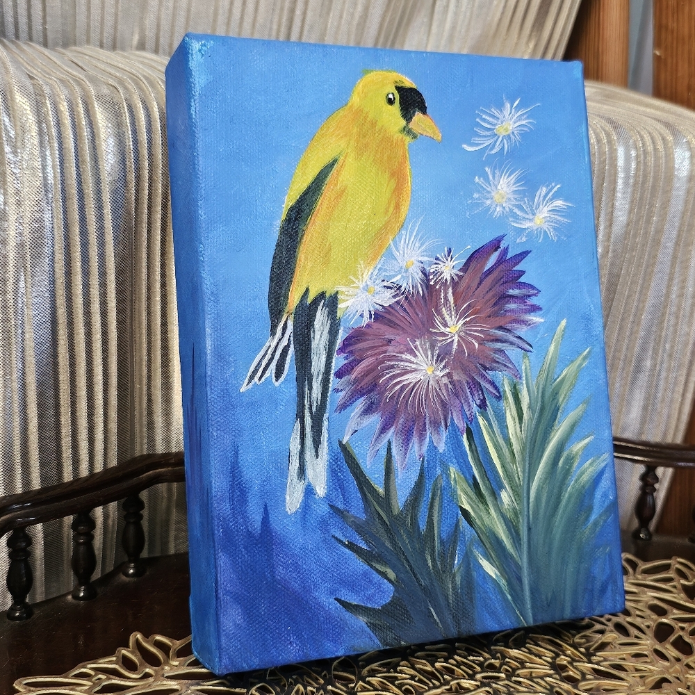 Vintage Painting of Yellow Bird on Flowers Wall Art, Home Decor - Picture 2 of 9